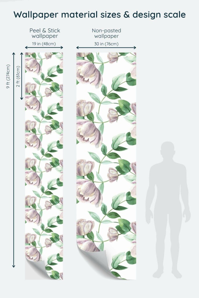 Size comparison of Peonies Peel & Stick and Non-pasted wallpapers with design scale relative to human figure
