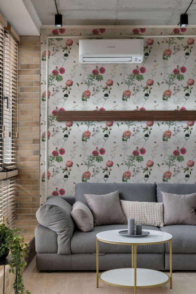 Scandinavian style living room decorated with Peony and cotton peel and stick wallpaper