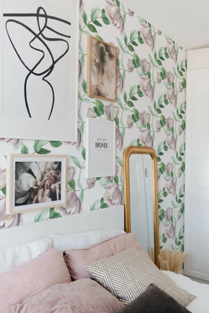 Bohemian style bedroom decorated with Peony floral peel and stick wallpaper