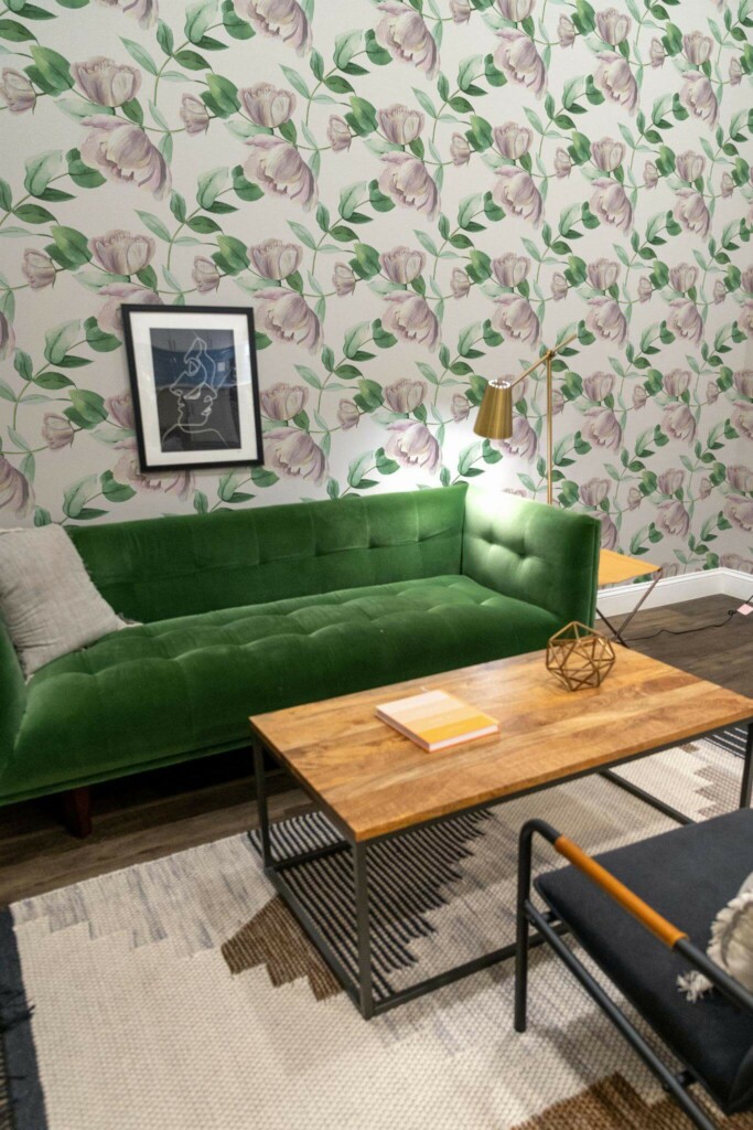 Mid-century modern living room decorated with Peony floral peel and stick wallpaper and forest green sofa
