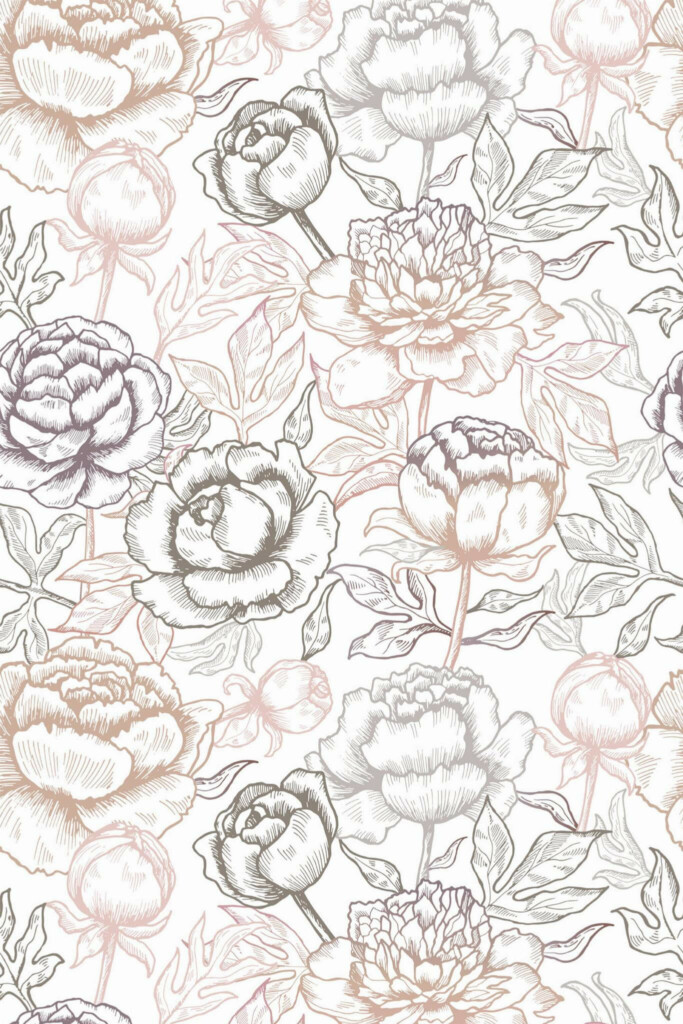 Pattern repeat of Peony flower removable wallpaper design