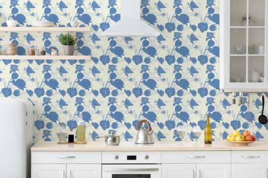 tree blue and ecru white traditional wallpaper