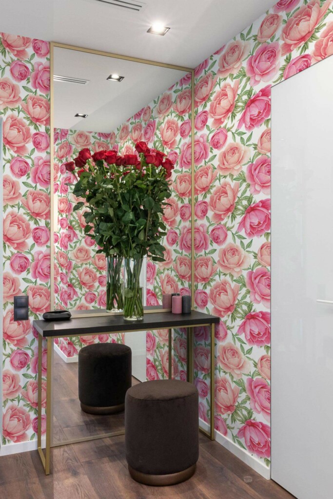 Minimal modern style powder room in a hallway decorated with Peony peel and stick wallpaper