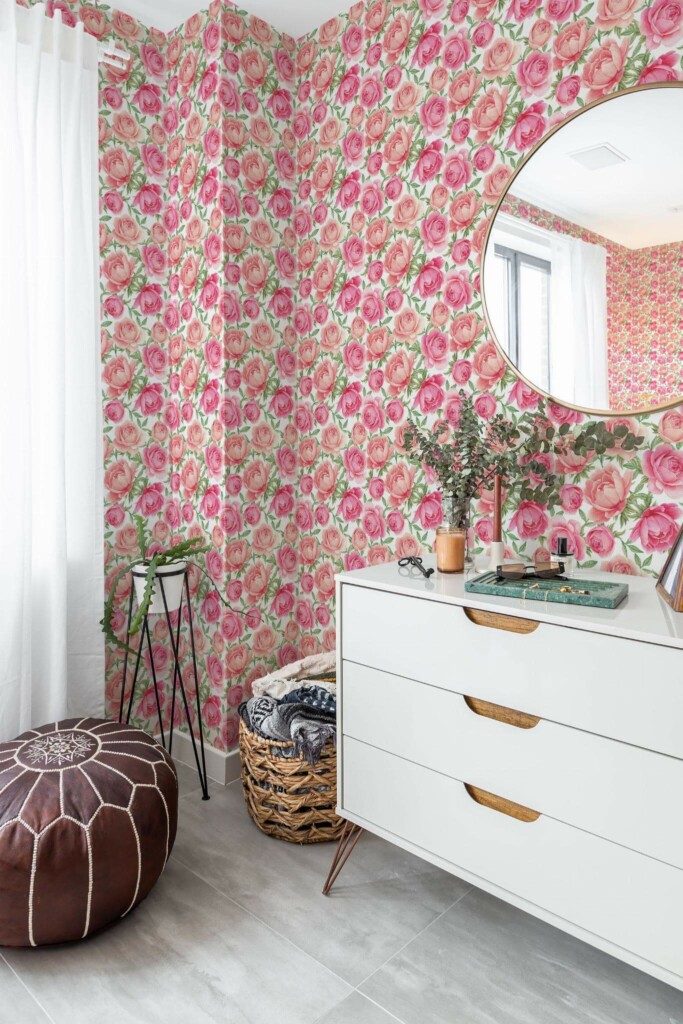 Scandinavian style bedroom decorated with Peony peel and stick wallpaper and Mediterranean accents