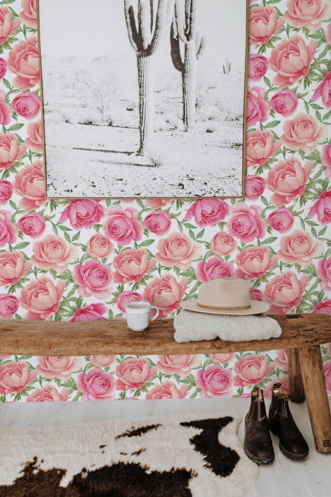 Scandinavian style entryway decorated with Peony peel and stick wallpaper