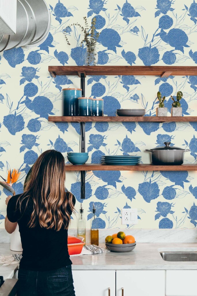 Modern Rustic style kitchen decorated with Peony tree peel and stick wallpaper