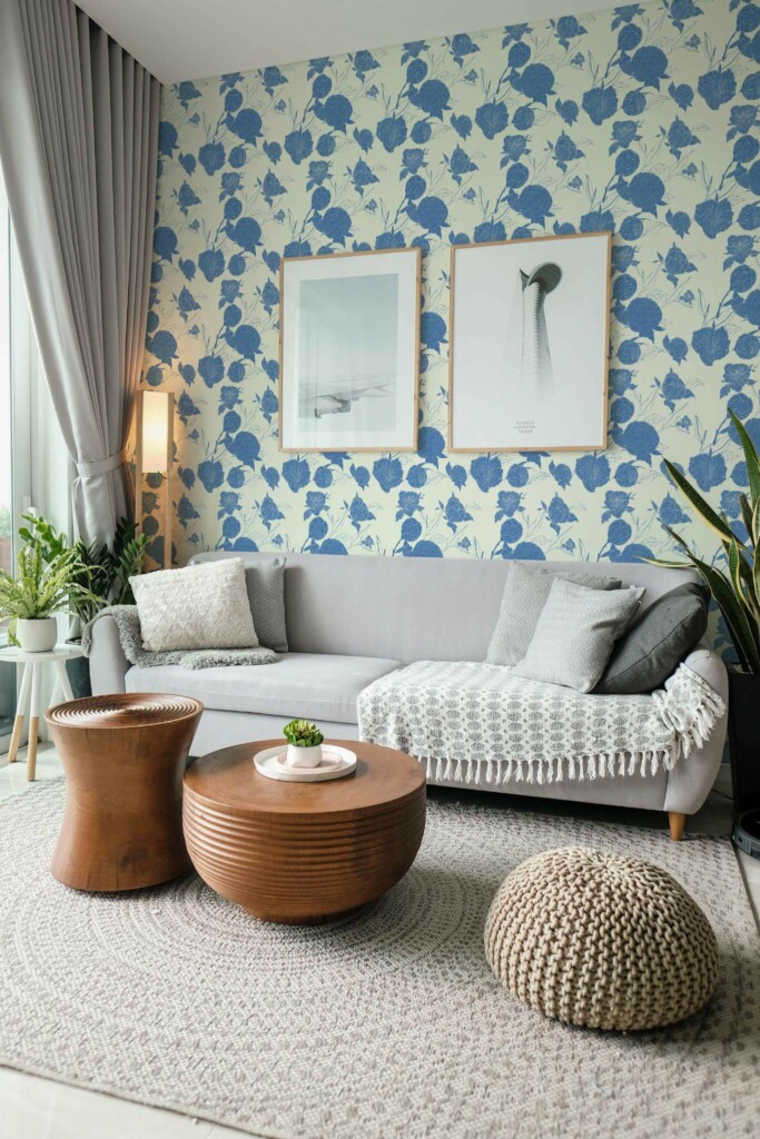 Modern scandinavian style living room decorated with Peony tree peel and stick wallpaper and green plants