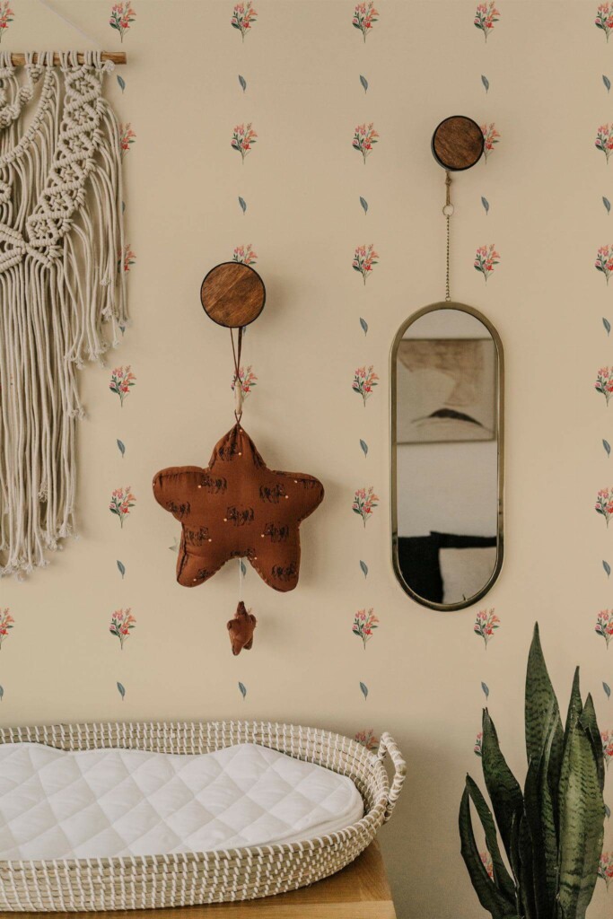 Boho style neutral nursery decorated with Petit Floral peel and stick wallpaper