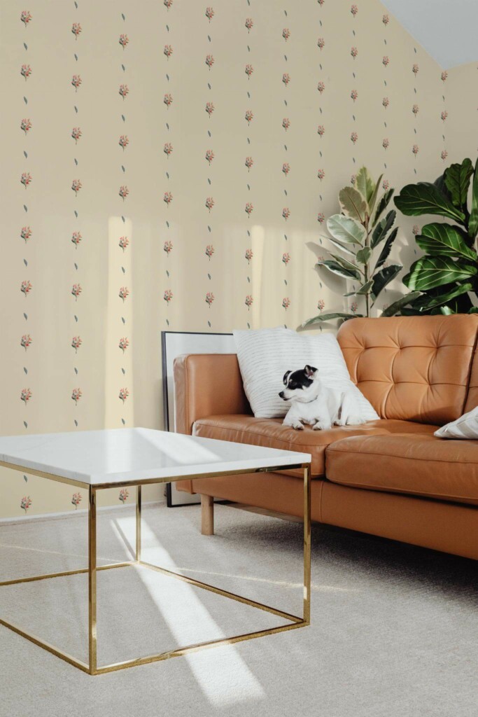 Mid-century modern style living room with dog on a sofa decorated with Petit Floral peel and stick wallpaper
