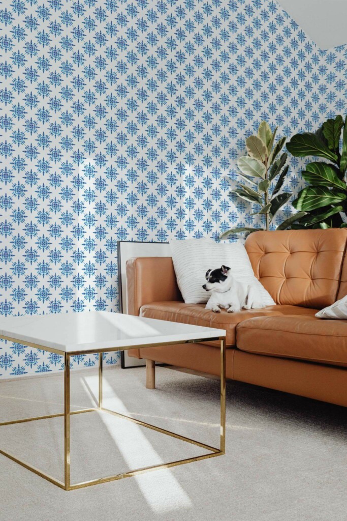Mid-century modern style living room with dog on a sofa decorated with Petite Azuejo peel and stick wallpaper