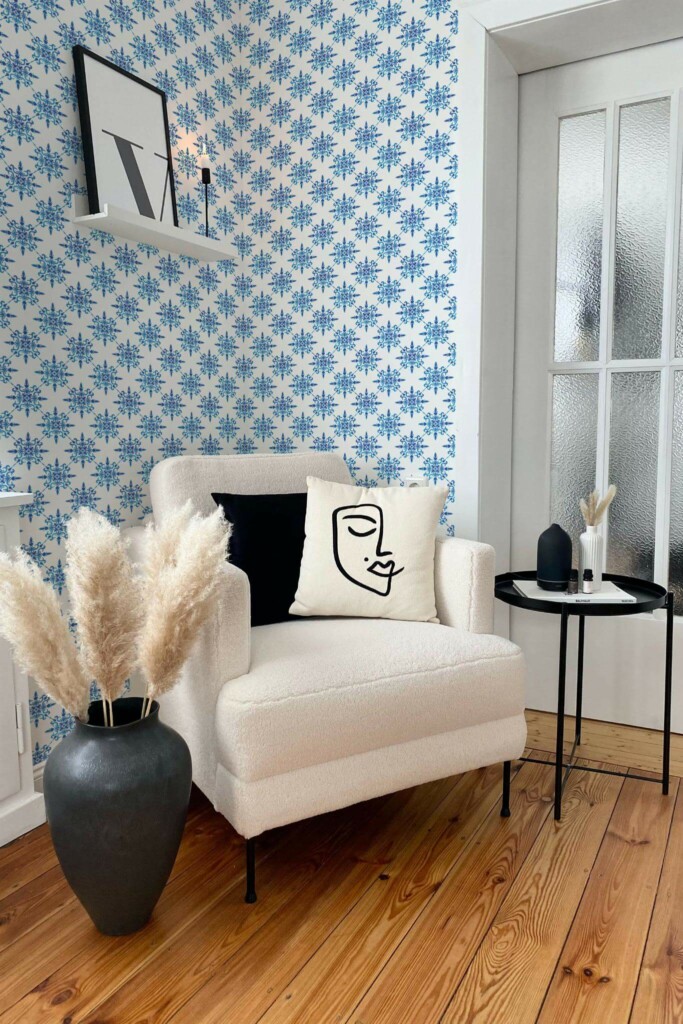 Modern boho style living room decorated with Petite Azuejo peel and stick wallpaper