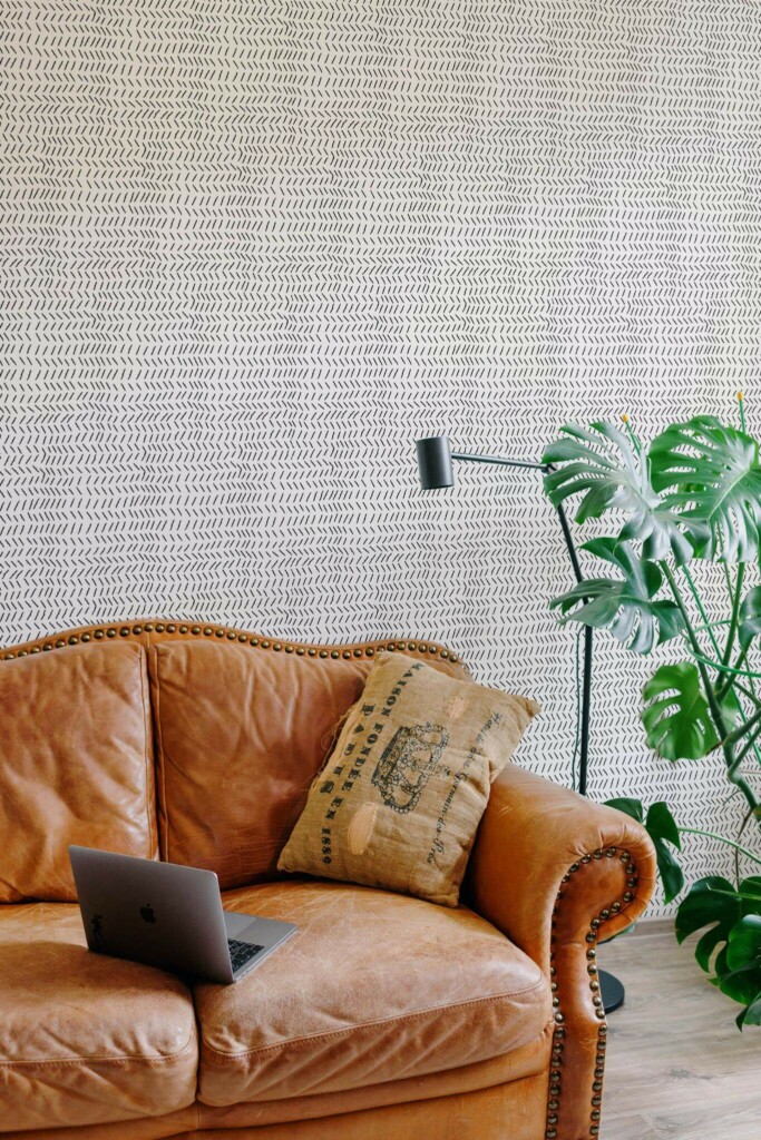 Mid-century modern style living room decorated with Petite herringbone peel and stick wallpaper