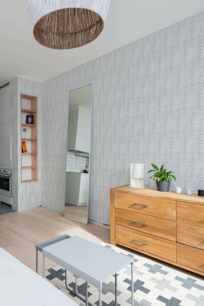 Scandinavian style small apartment decorated with Petite herringbone peel and stick wallpaper