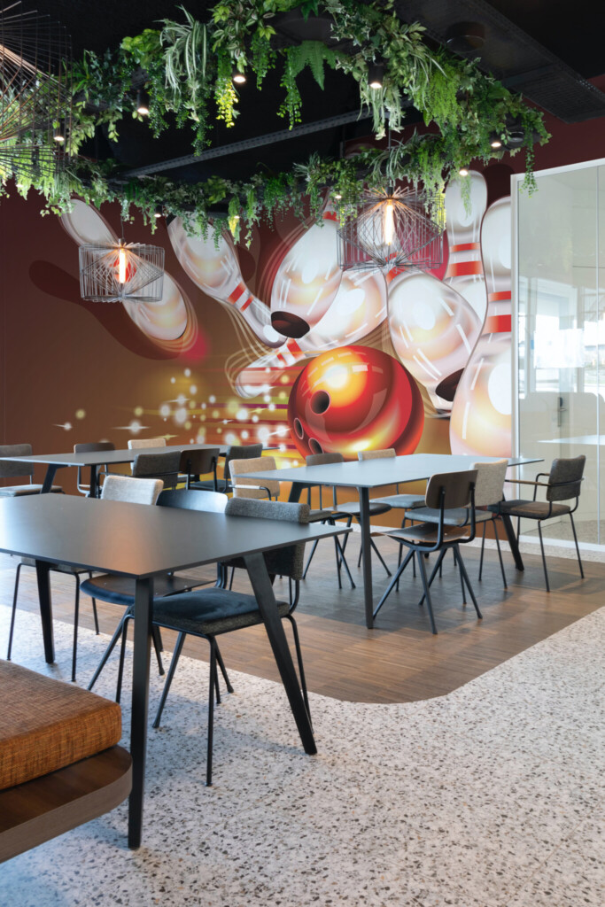 Wall mural peel and stick with a red bowling ball in motion and glowing white pins crashing mid-strike by Fancy Walls