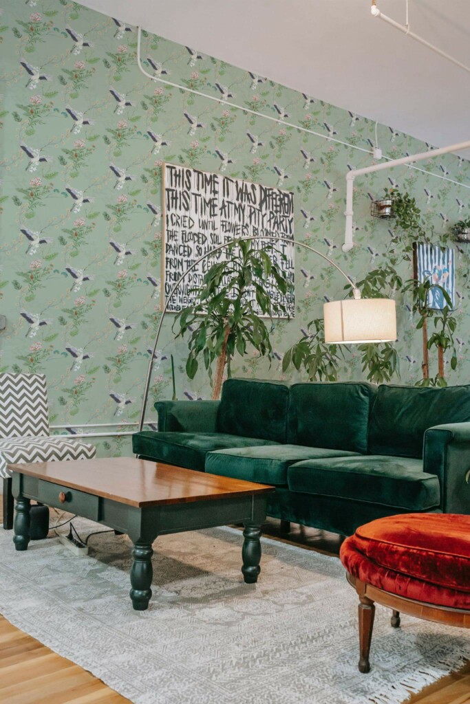 Bold eclectic style living room decorated with Pine and birds peel and stick wallpaper and emerald green sofa