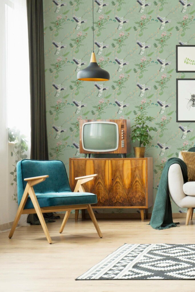 Mid-century modern style living room decorated with Pine and birds peel and stick wallpaper