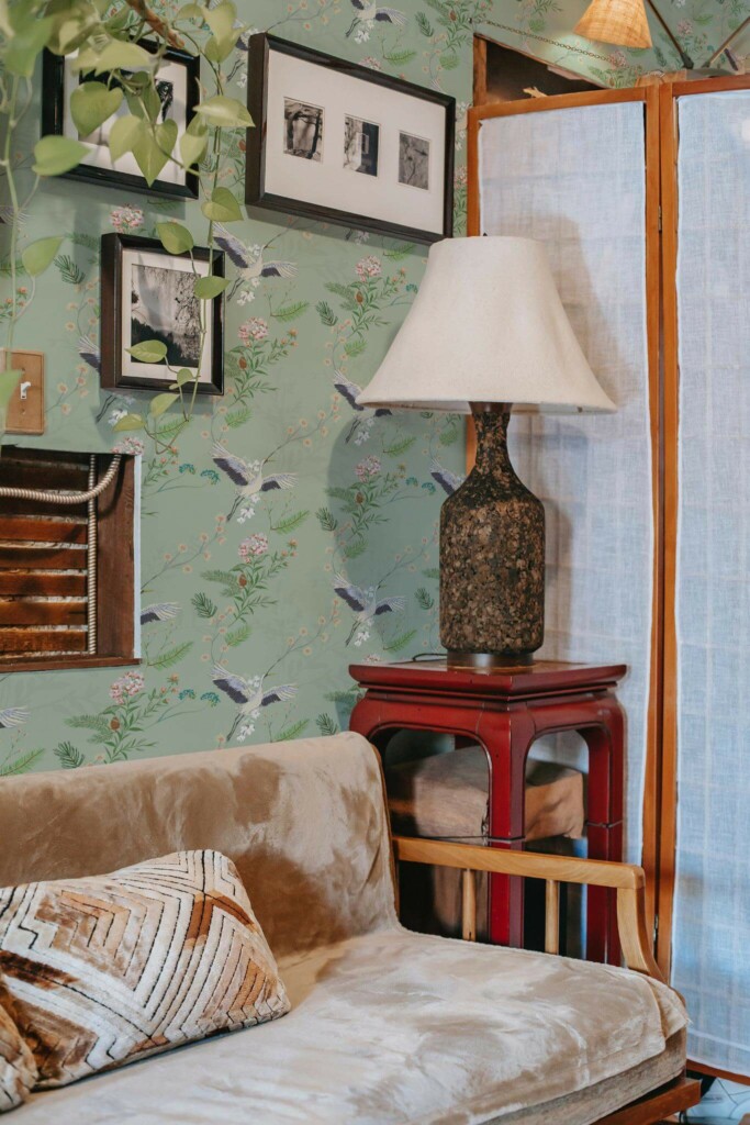 Southwestern style living room decorated with Pine and birds peel and stick wallpaper