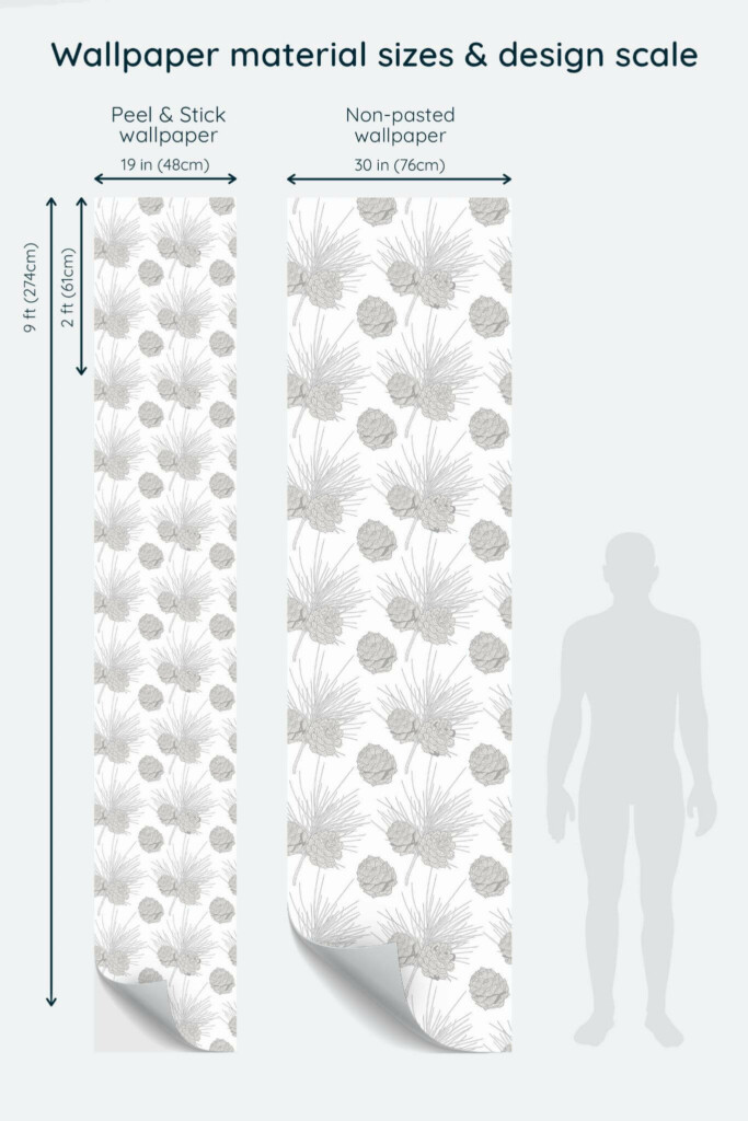 Size comparison of Pine cone Peel & Stick and Non-pasted wallpapers with design scale relative to human figure