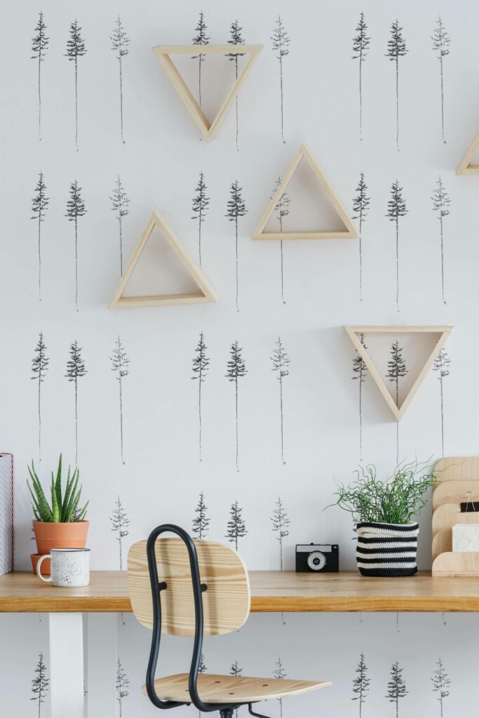 Scandinavian style home office decorated with Pine tree peel and stick wallpaper