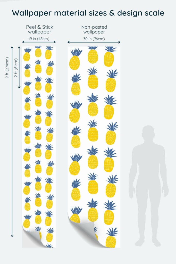 Size comparison of Pineapple Peel & Stick and Non-pasted wallpapers with design scale relative to human figure