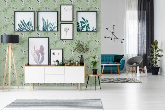 Green Pine Birdscape self-adhesive wallpaper by Fancy Walls