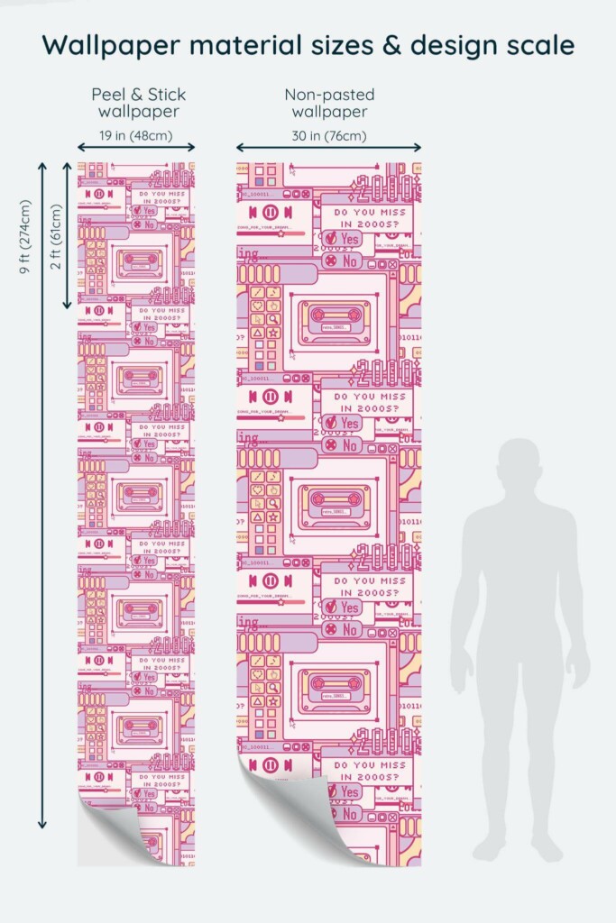 Size comparison of Pink 2000s pattern Peel & Stick and Non-pasted wallpapers with design scale relative to human figure