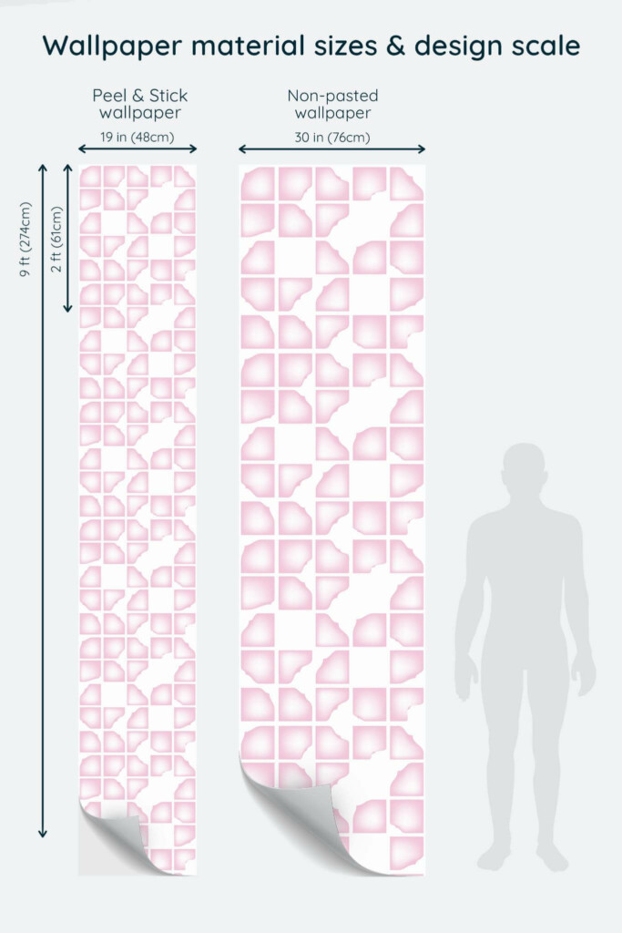 Size comparison of Pink abstract geometric shapes Peel & Stick and Non-pasted wallpapers with design scale relative to human figure