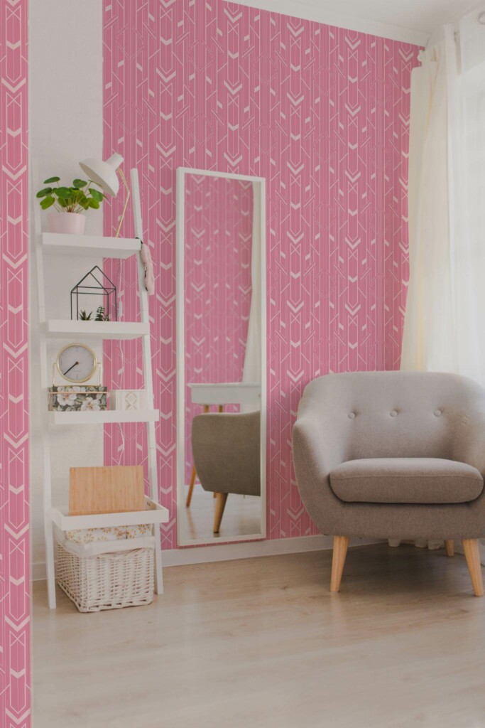 Light boho style living room decorated with Pink aesthetic art deco peel and stick wallpaper