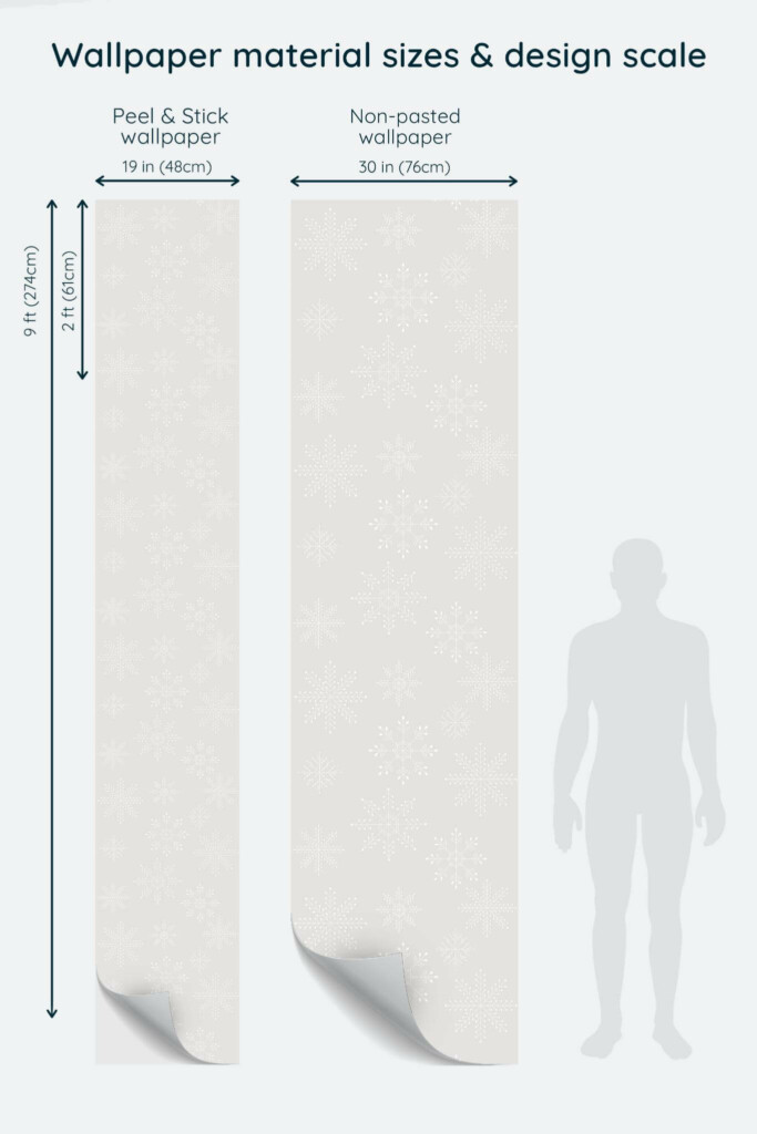 Size comparison of Pink aesthetic snowflake Peel & Stick and Non-pasted wallpapers with design scale relative to human figure