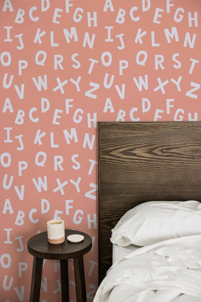 Farmhouse style bedroom decorated with Pink alphabet peel and stick wallpaper