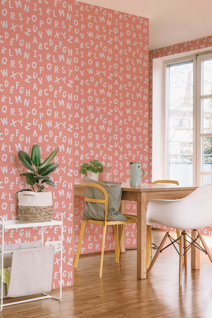 Minimal scandinavian style dining room decorated with Pink alphabet peel and stick wallpaper