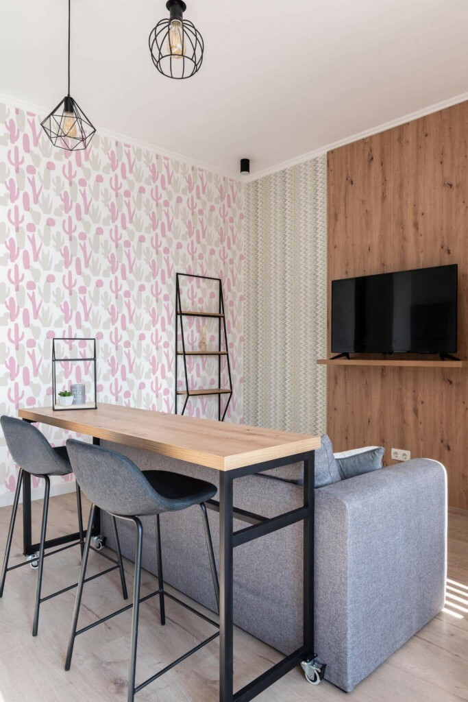 Scandinavian style open living room decorated with Pink and beige cactus plant peel and stick wallpaper