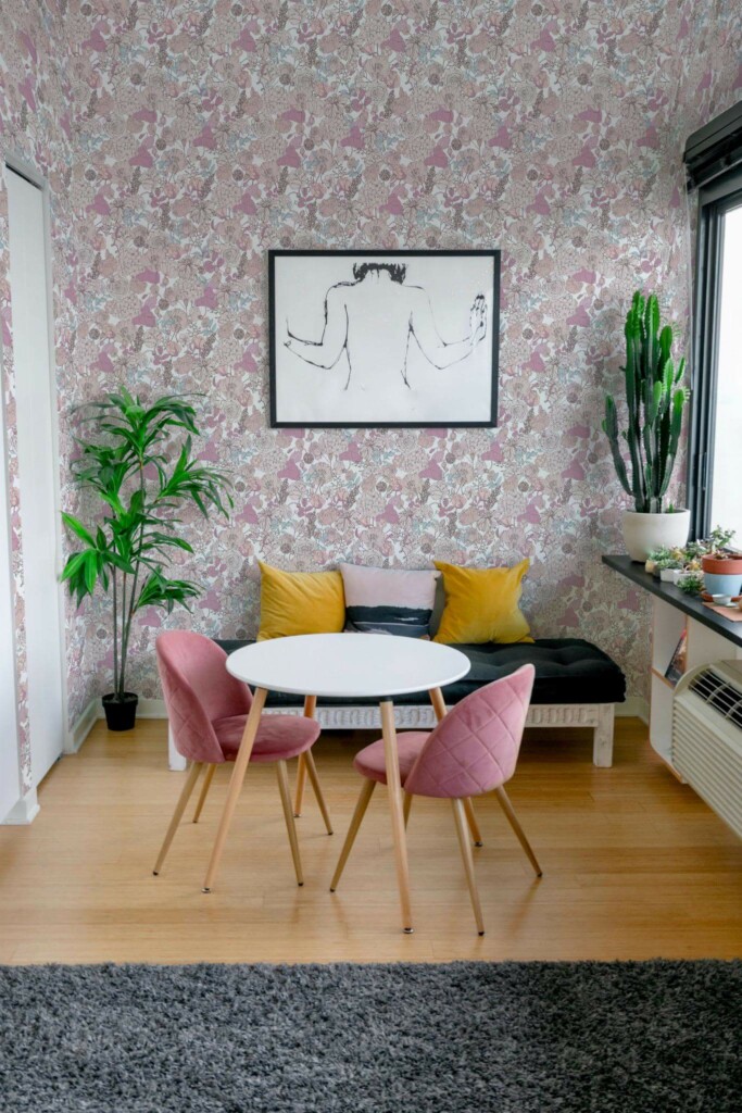 Eclectic style living room decorated with Pink and beige floral peel and stick wallpaper