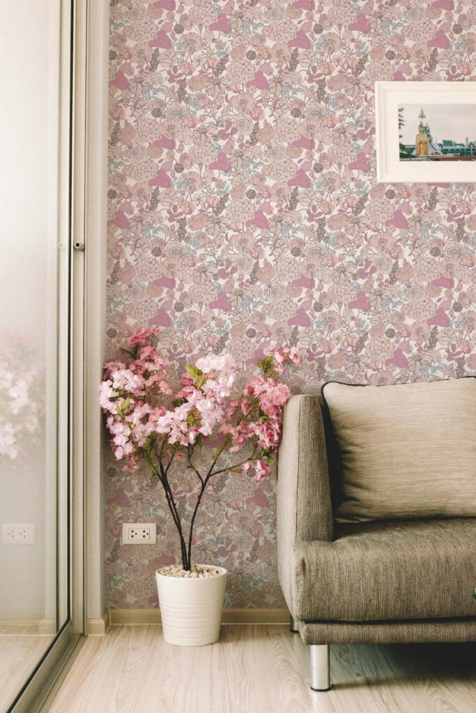 Modern farmhouse style living room decorated with Pink and beige floral peel and stick wallpaper