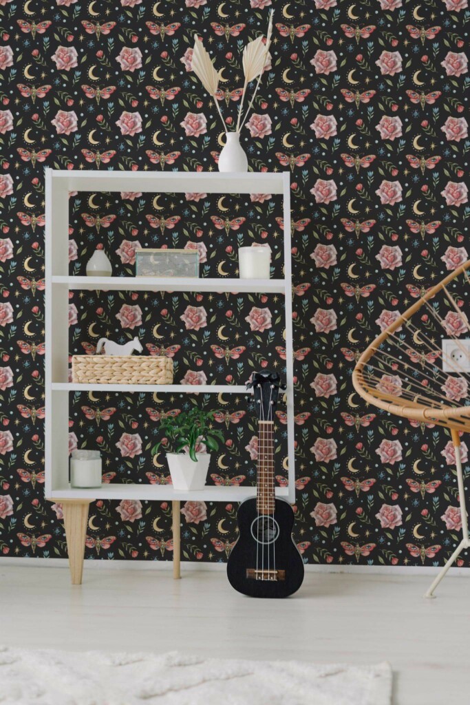 Minimal boho style living room decorated with Pink and black butterfly floral peel and stick wallpaper