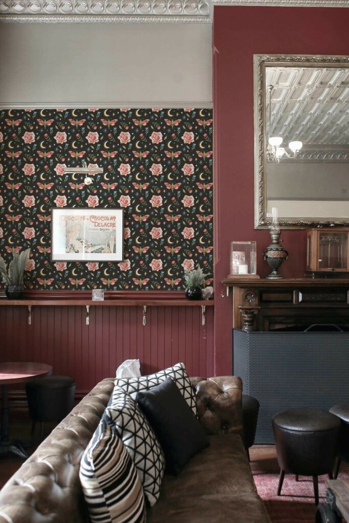 Rustic traditional style living room decorated with Pink and black butterfly floral peel and stick wallpaper
