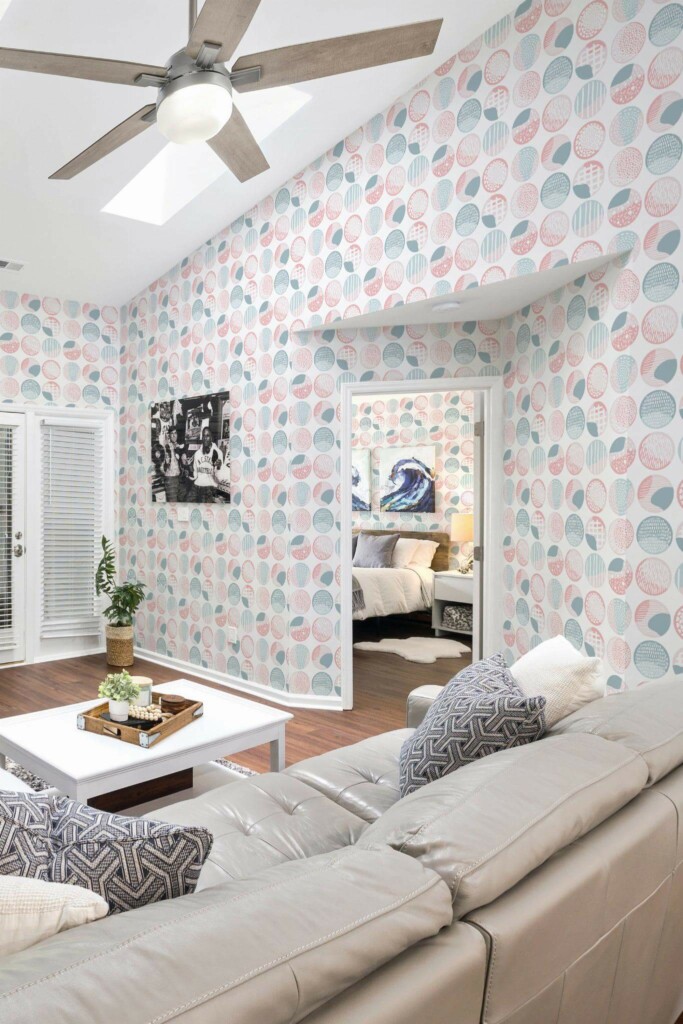 Coastal scandinavian style living room and bedroom decorated with Pink and blue boho circles peel and stick wallpaper