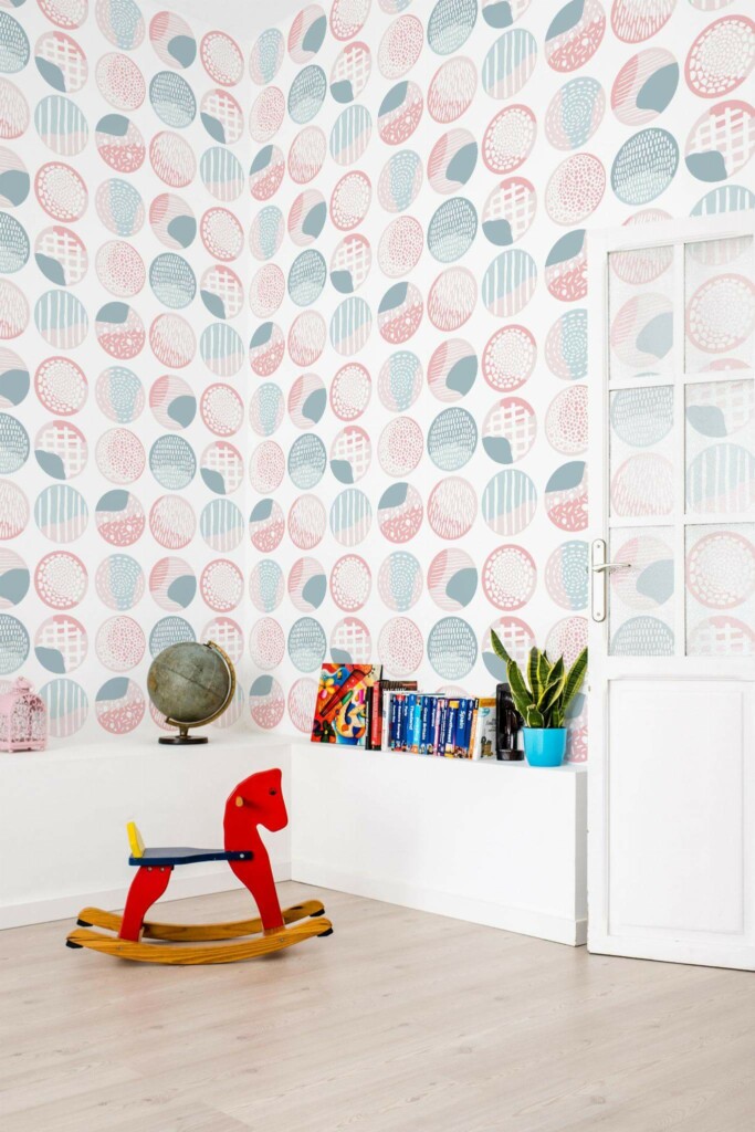 Scandinavian style kids room decorated with Pink and blue boho circles peel and stick wallpaper