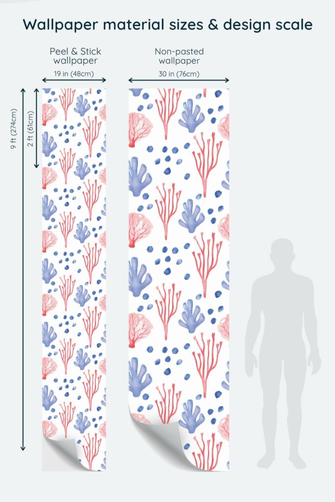 Size comparison of Pink and blue coral Peel & Stick and Non-pasted wallpapers with design scale relative to human figure