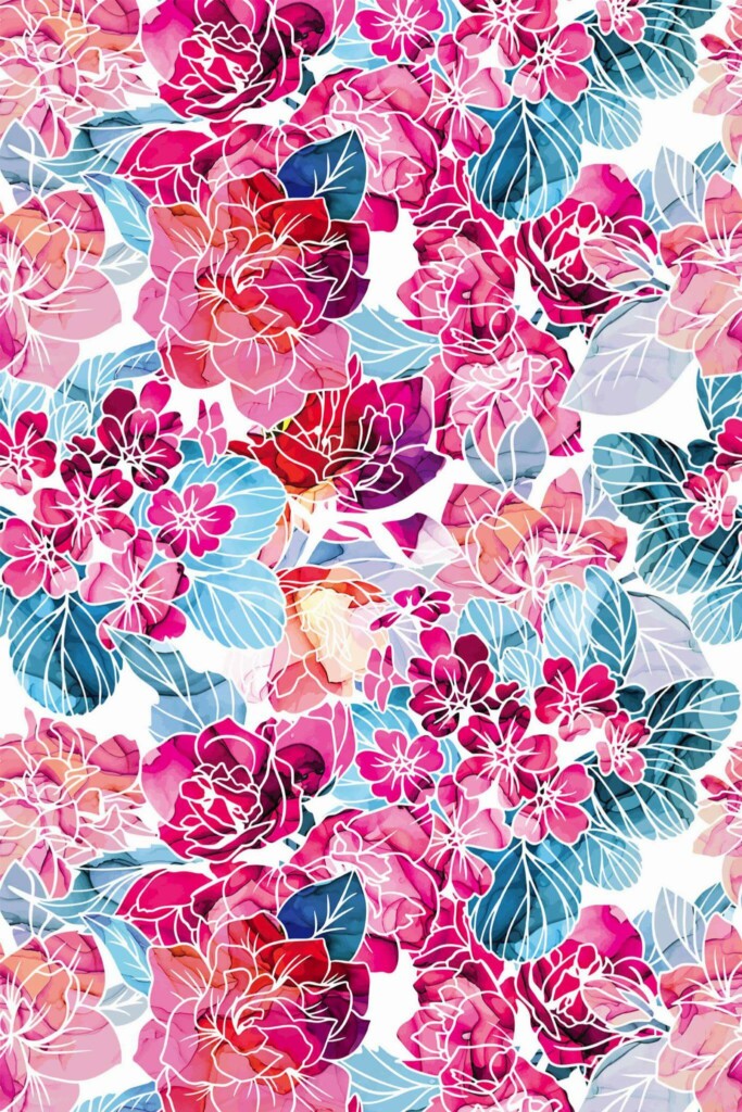 Pattern repeat of Pink and blue floral removable wallpaper design