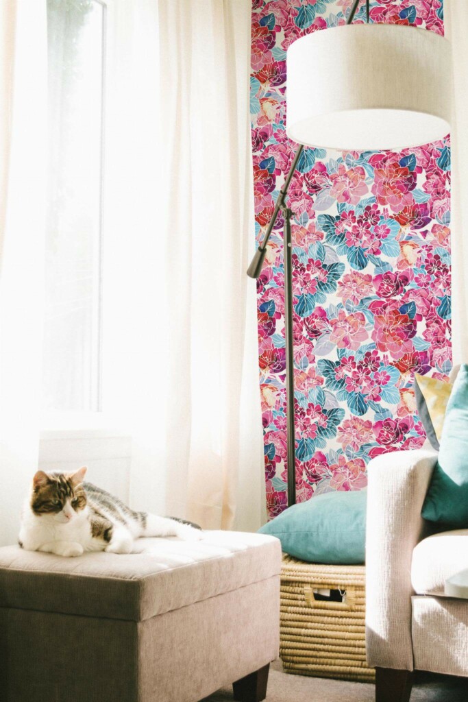 Coastal style living room decorated with Pink and blue floral peel and stick wallpaper