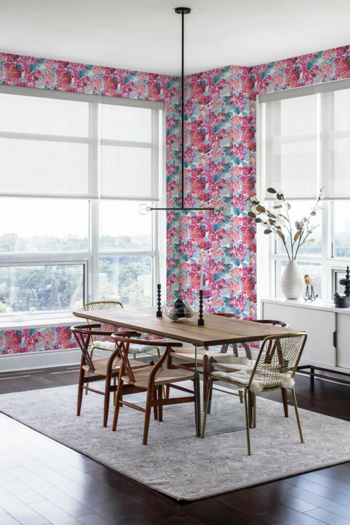 Modern minimalist style dining room decorated with Pink and blue floral peel and stick wallpaper