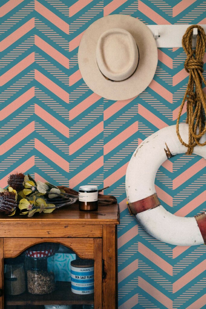 Coastal nautical style living room decorated with Pink and blue geometric peel and stick wallpaper