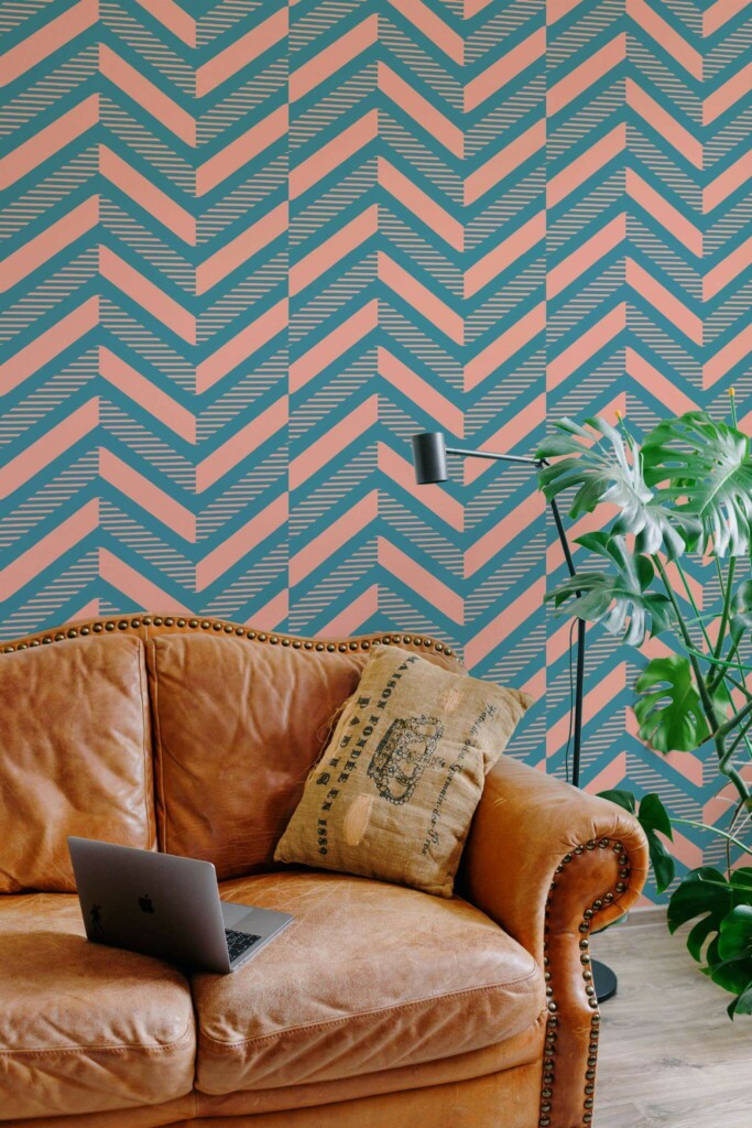 Mid-century modern style living room decorated with Pink and blue geometric peel and stick wallpaper