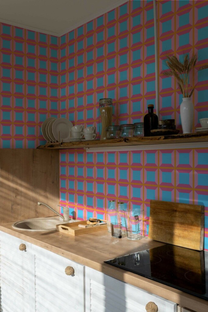 Minimal bohemian style kitchen decorated with Pink and blue geometry peel and stick wallpaper