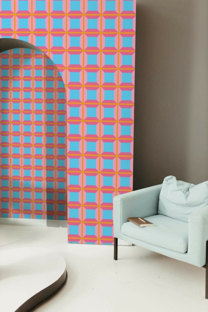 Mondern boho style living room decorated with Pink and blue geometry peel and stick wallpaper