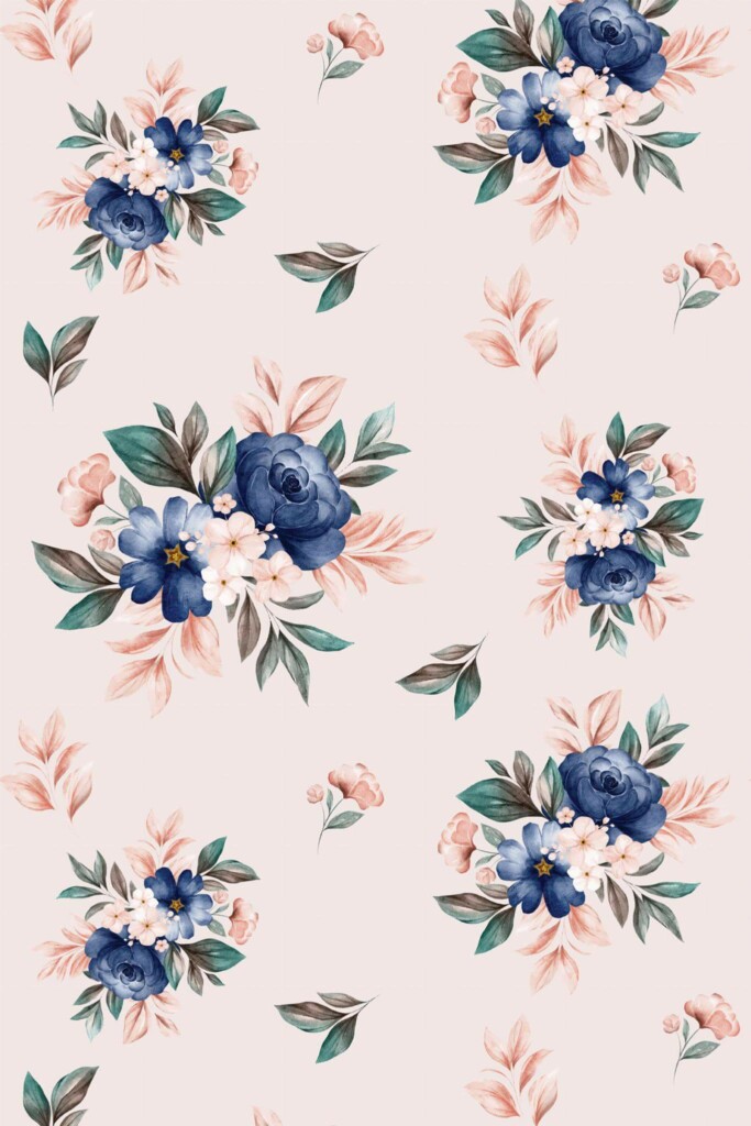 Pattern repeat of Pink and blue rose removable wallpaper design