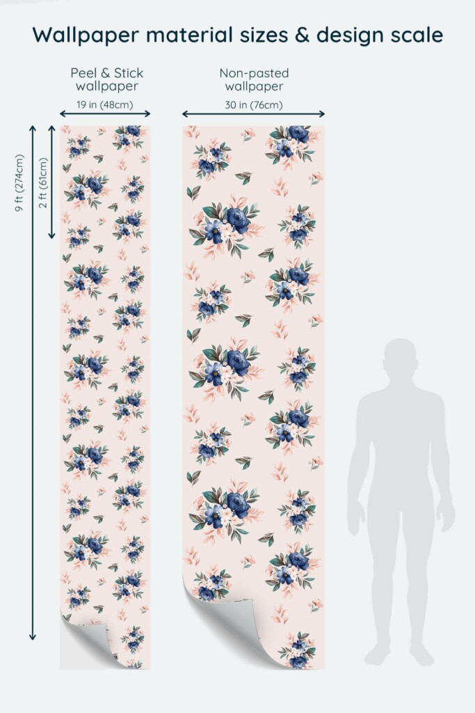 Size comparison of Pink and blue rose Peel & Stick and Non-pasted wallpapers with design scale relative to human figure