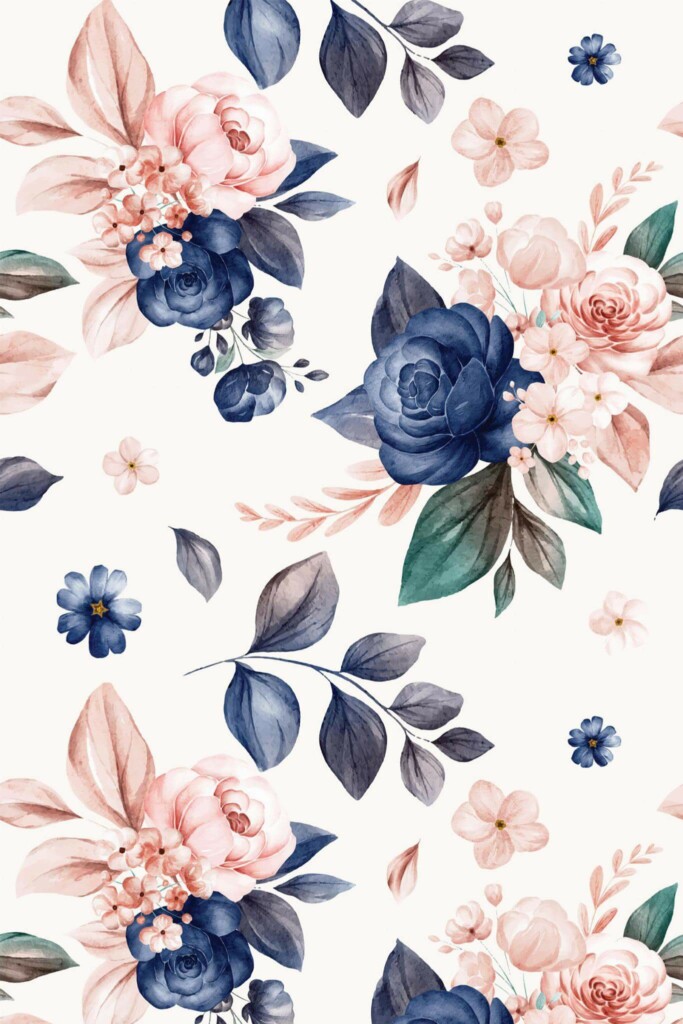 Pattern repeat of Pink and dark blue floral removable wallpaper design