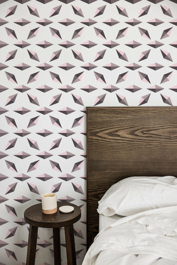 Farmhouse style bedroom decorated with Pink and gray diamond peel and stick wallpaper